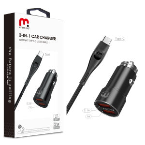 2-IN-1 CAR CHARGER WITH 6FT TPYE-C USB CABLE- BLACK